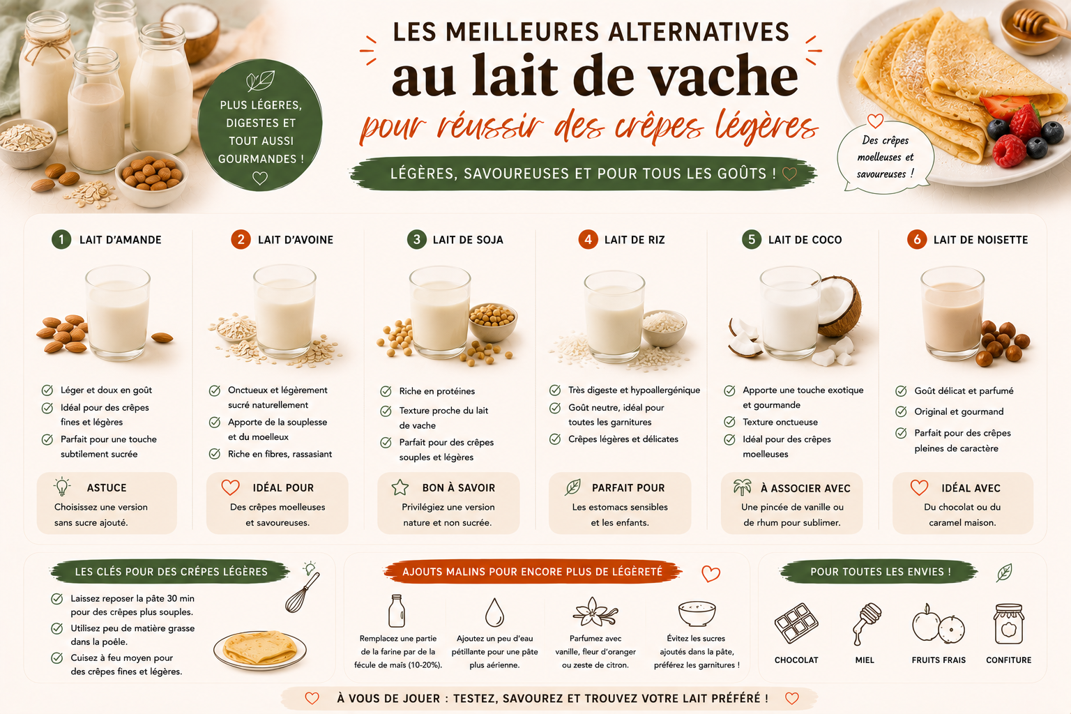 Les meilleures alternatives au lait de vache pour réussir des crêpes légères