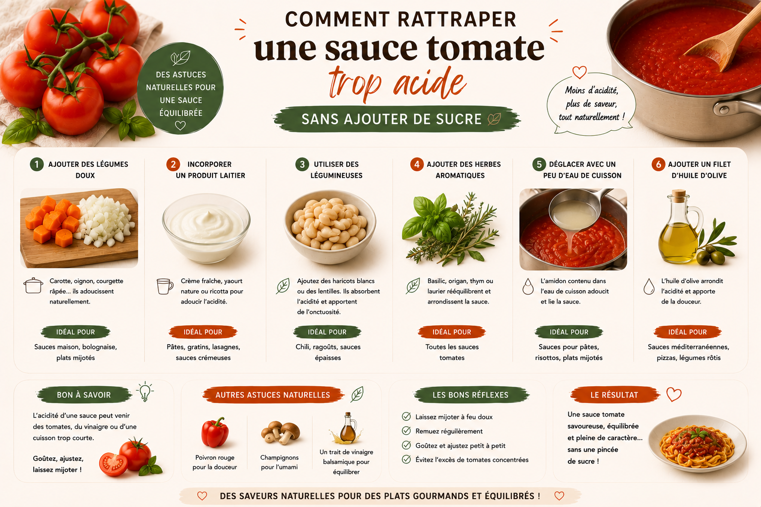 Comment rattraper une sauce tomate trop acide sans ajouter de sucre ?