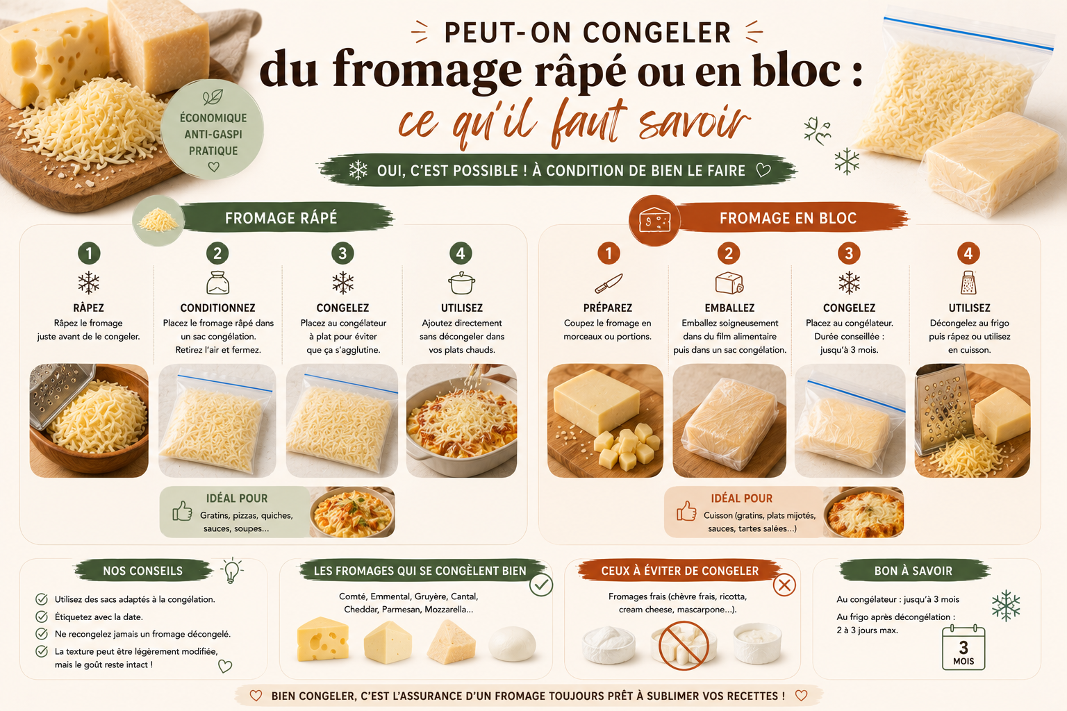 Peut-on congeler du fromage râpé ou en bloc : ce qu&rsquo;il faut savoir