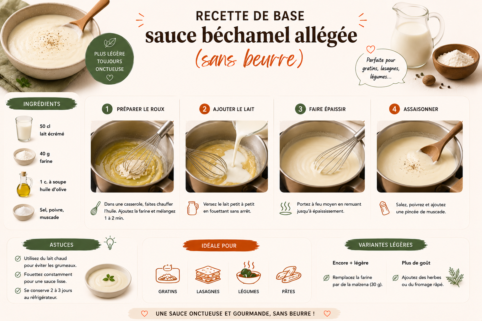 Recette de base de la sauce béchamel allégée (sans beurre)