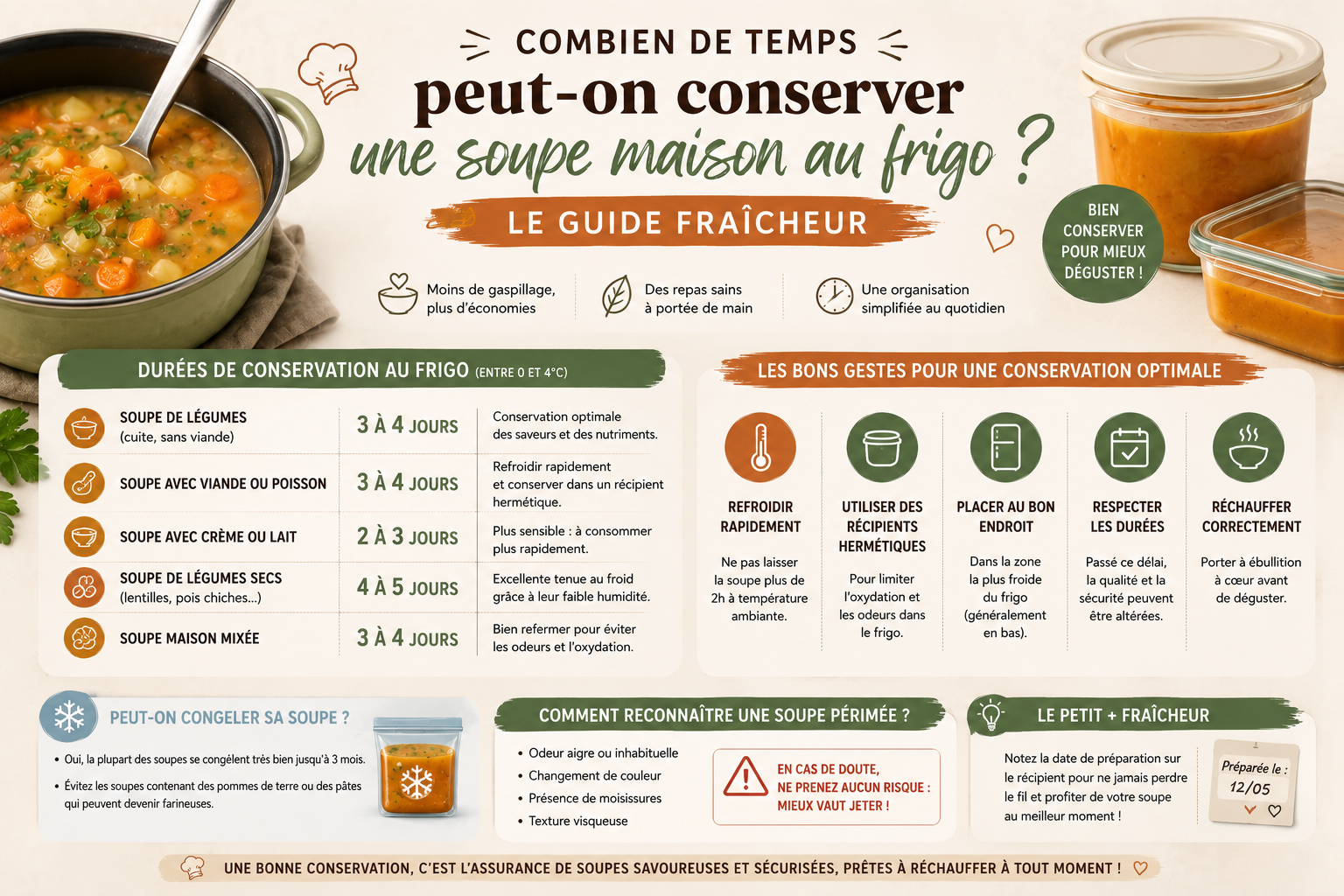 Combien de temps peut-on conserver une soupe maison au frigo ? Le guide fraîcheur