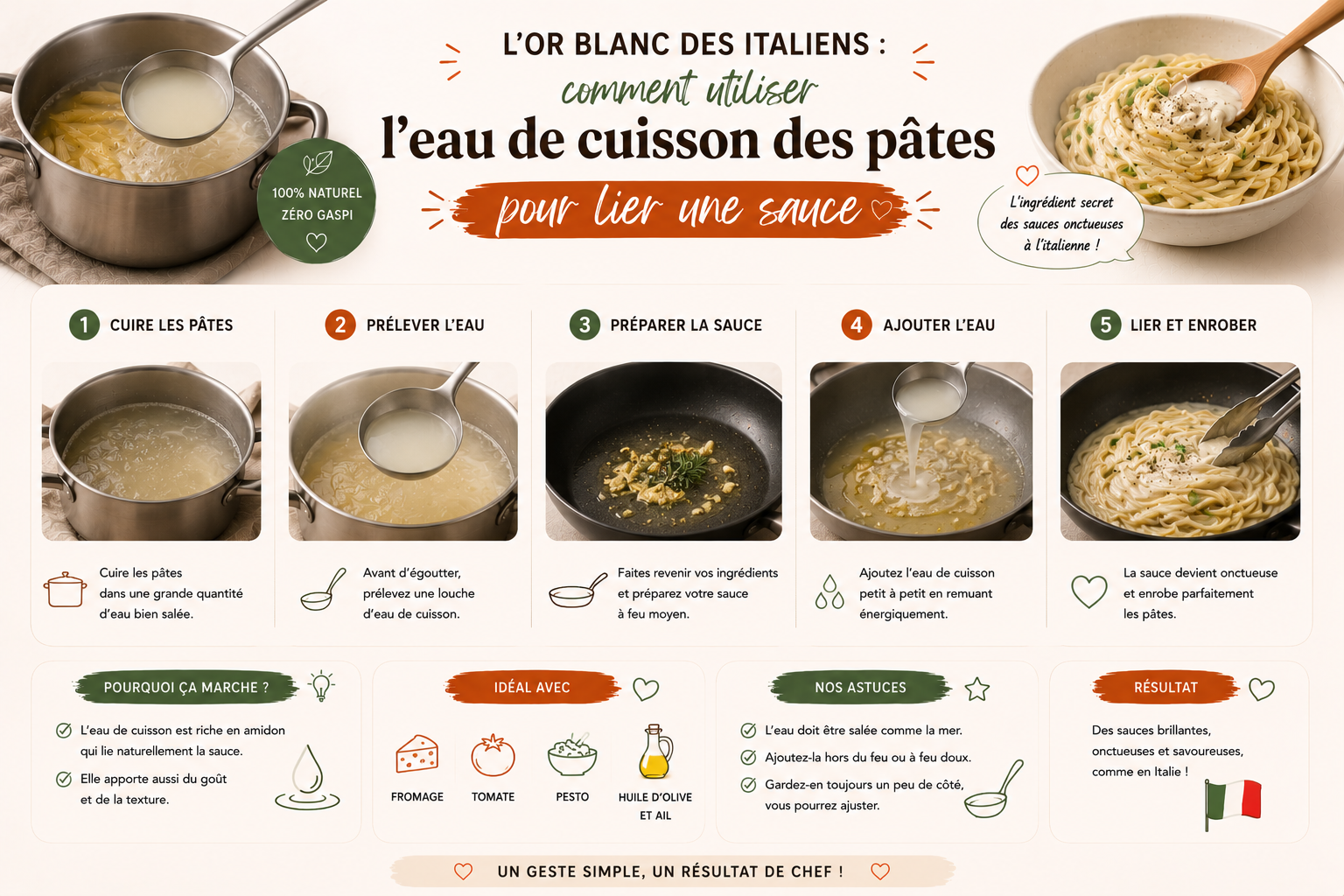 L&rsquo;or blanc des Italiens : comment utiliser l&rsquo;eau de cuisson des pâtes pour lier une sauce